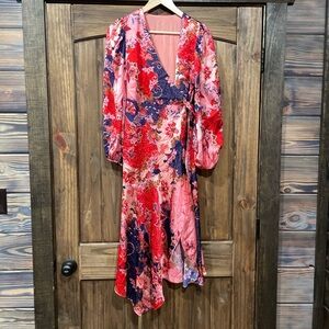Floral V-Neck Satin Wrap Dress - Red and Pink